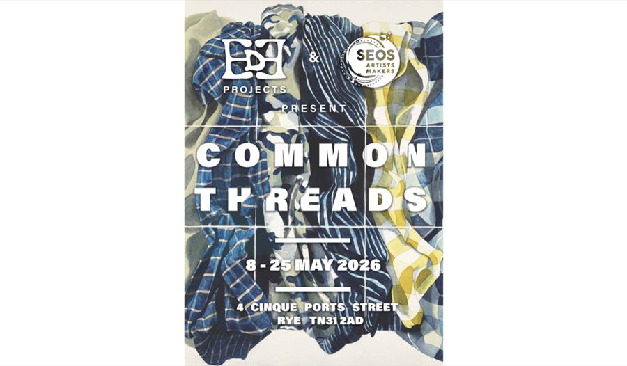 Poster for “Common Threads” exhibition by EH Projects & SEOS, 8–25 May 2026, with patterned fabric artwork background.