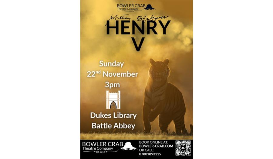 Poster for Henry V at Battle Abbey’s Dukes Library, 22 November at 3pm, featuring a tiger in golden mist.