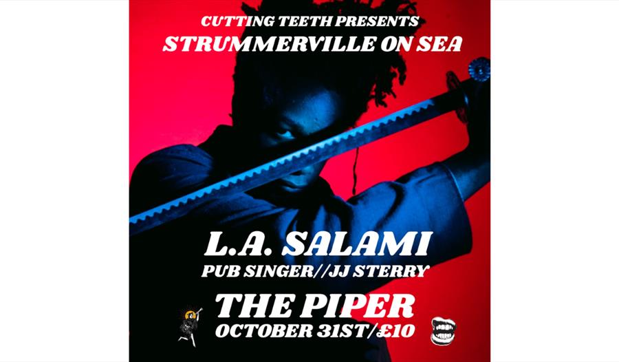 Gig poster for Strummerville on Sea featuring L.A. Salami with support acts at The Piper on 31 October.