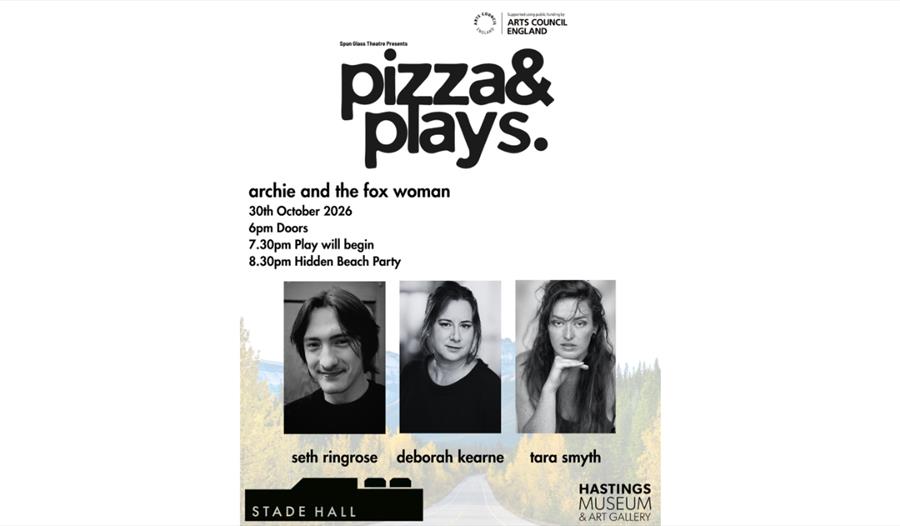 Archie and the Fox Woman theatre poster with cast portraits, performance details and Hastings Museum venue information.
