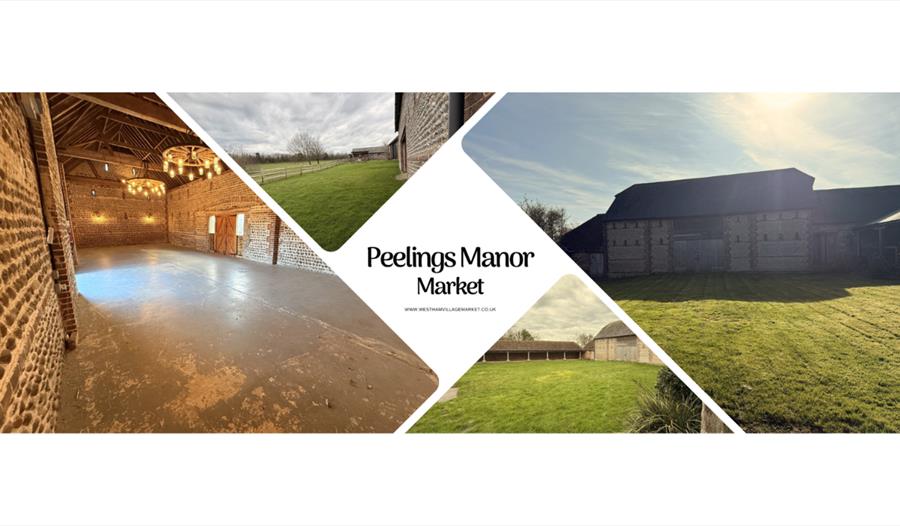 Peelings Manor Market barn venue and landscaped grounds, featuring rustic interiors and traditional farm buildings.