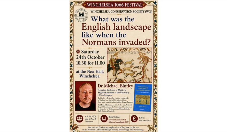 Poster for a Winchelsea 1066 Festival talk exploring England's landscape at the time of the Norman invasion