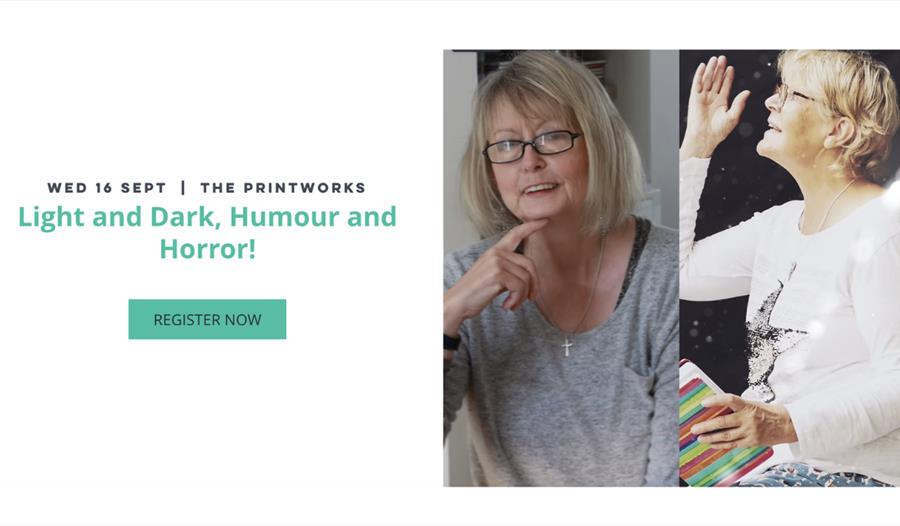 Promotional graphic for “Light and Dark, Humour and Horror!” at The Printworks, featuring author portraits and registration details.