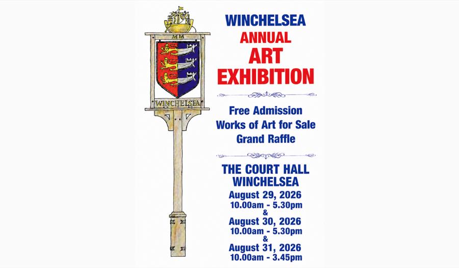 Poster for Winchelsea Annual Art Exhibition, featuring local artwork, raffle and free admission, 29 to 31 August 2026.