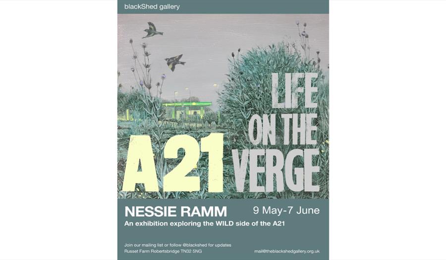 Poster for “Life on the Verge: A21” exhibition by Nessie Ramm, showing roadside plants, birds, and a glowing petrol station.