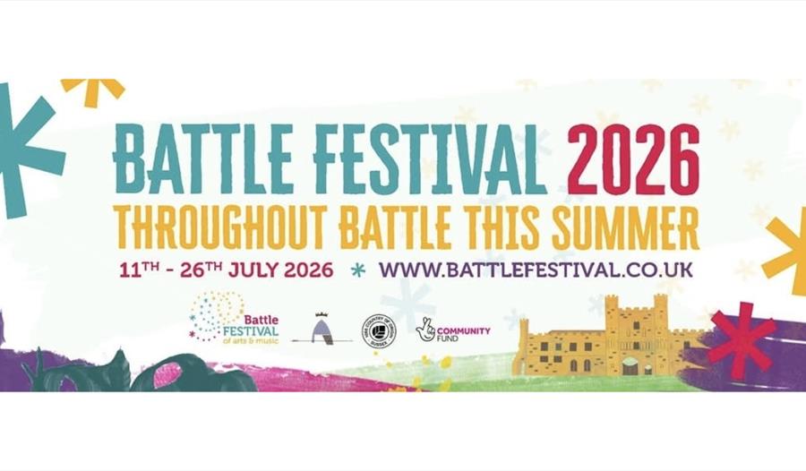 Banner promoting Battle Festival 2026, 11–26 July, with website details and colourful festival graphics.