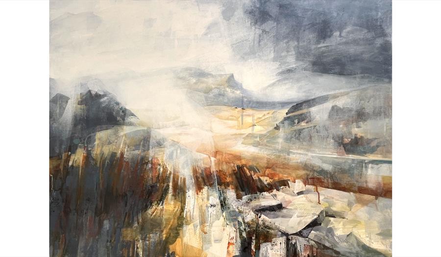 Abstract landscape painting with soft light, layered brushstrokes, and muted tones of grey, gold, and rust.