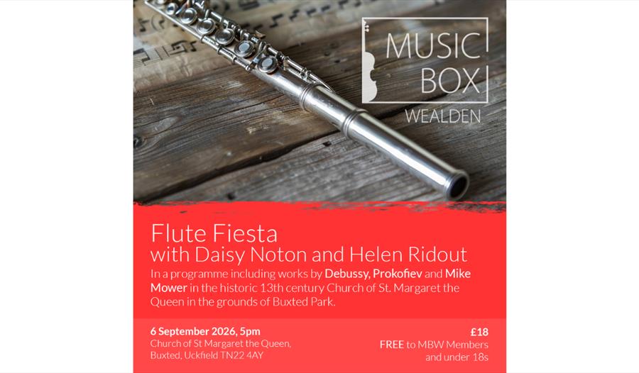 Promotional poster for Flute Fiesta featuring a silver flute and details of a live classical music performance.