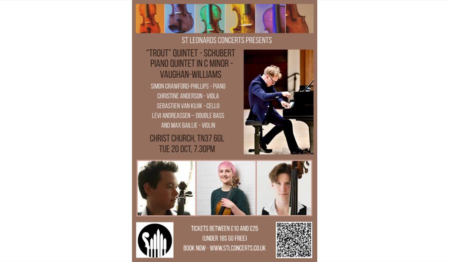 Promotional poster for St Leonards Concerts featuring Schubert’s “Trout” Quintet, musicians’ portraits and event details.
