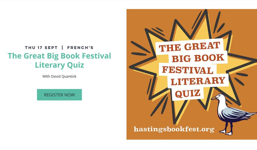 Promotional graphic for The Great Big Book Festival Literary Quiz with David Quantick and festival branding