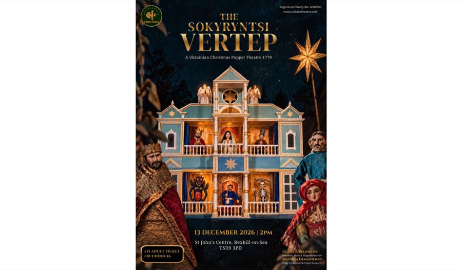 Poster for The Sokyryntsi Vertep, a Ukrainian Christmas puppet theatre performance at St John's Centre, Bexhill.