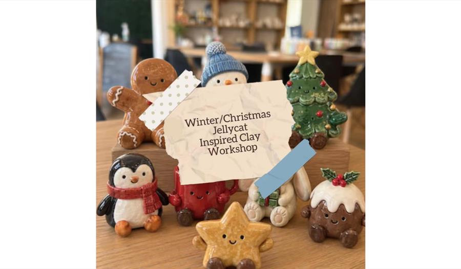 Winter and Christmas clay workshop featuring handmade festive characters inspired by Jellycat-style designs.