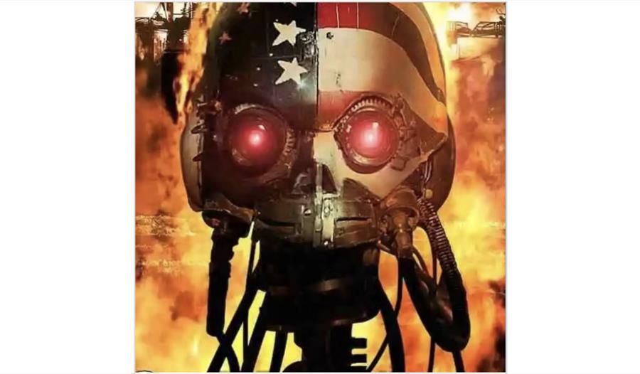 Promotional image for From Page to Screen featuring a glowing-eyed cyborg amid flames in a post-apocalyptic setting