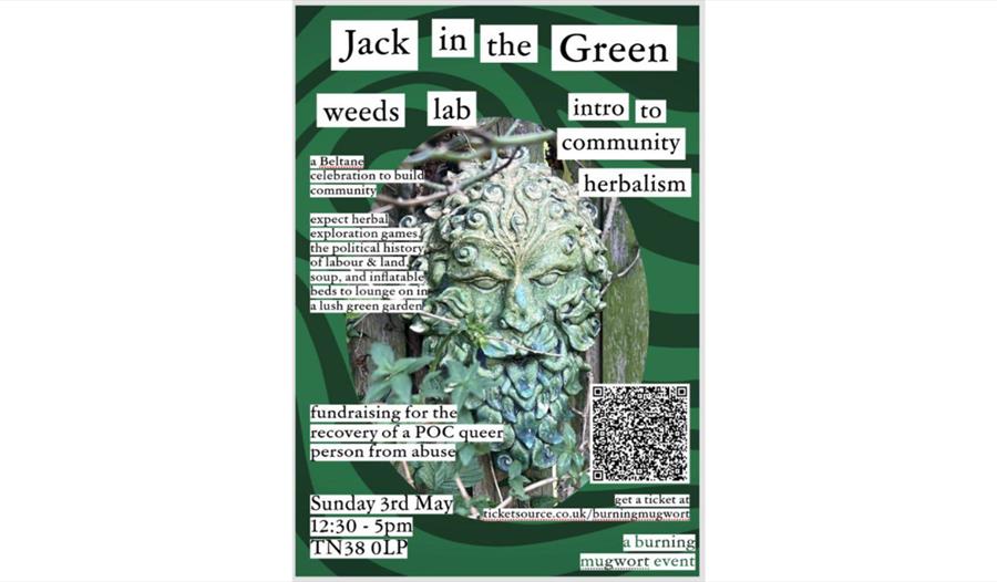 Poster for “Jack in the Green weeds lab,” featuring a leafy green face sculpture, event text blocks, and a QR code on a dark green background.