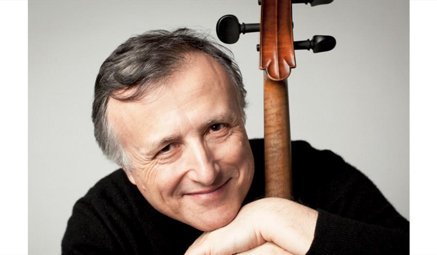 Cellist leaning beside a cello, promoting the Tea Concert: Schubert Quintet.