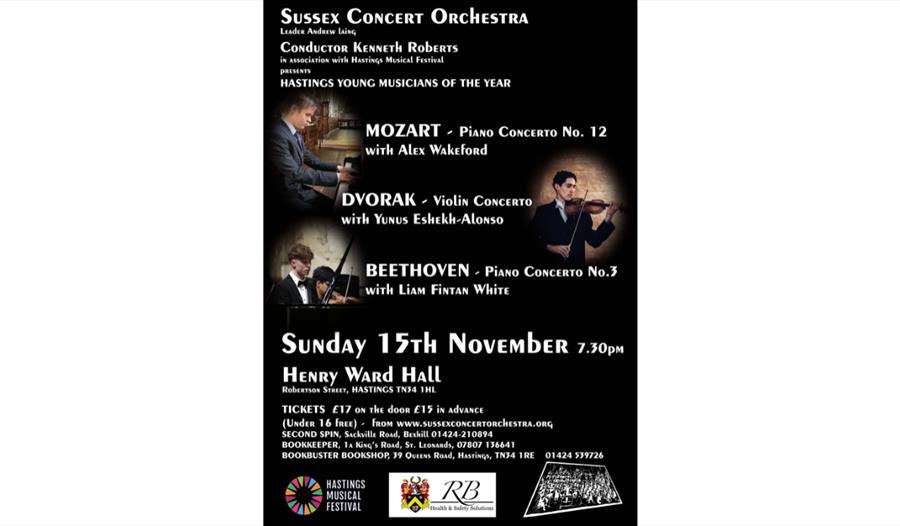 Sussex Concert Orchestra poster for Hastings Young Musicians of the Year, featuring Mozart, Dvorak and Beethoven.