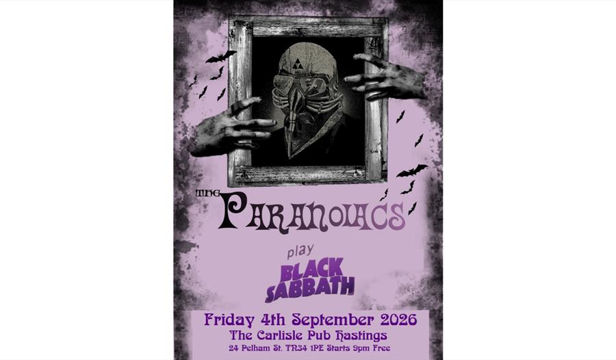 Gig poster for The Paranovacs playing Black Sabbath, featuring a masked figure, reaching hands, bats and gothic artwork.
