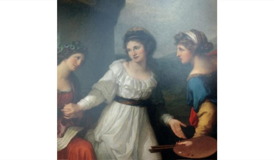 Classical painting of three women in discussion, promoting The Bluestockings Brigade event at Battle Festival.