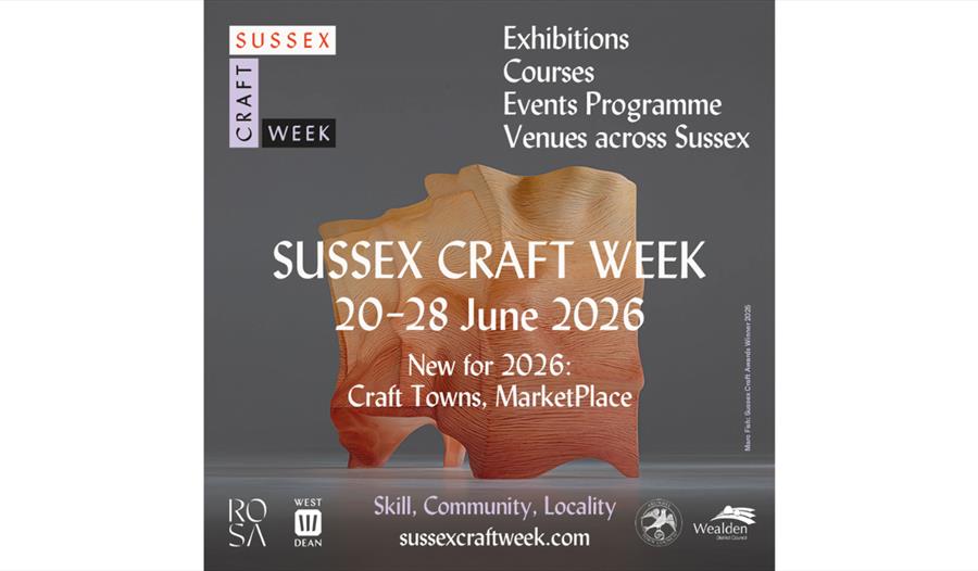 Poster for Sussex Craft Week, 20–28 June 2026, with sculptural wood piece and text about exhibitions, courses and events across Sussex.