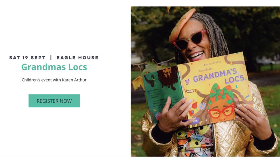 Promotional graphic for Grandma's Locs children's event with Karen Arthur, featuring the author holding the book outdoors