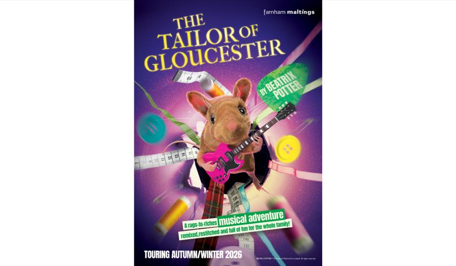 Poster for The Tailor of Gloucester at Stade Hall, featuring a mouse with a guitar among sewing-themed designs.