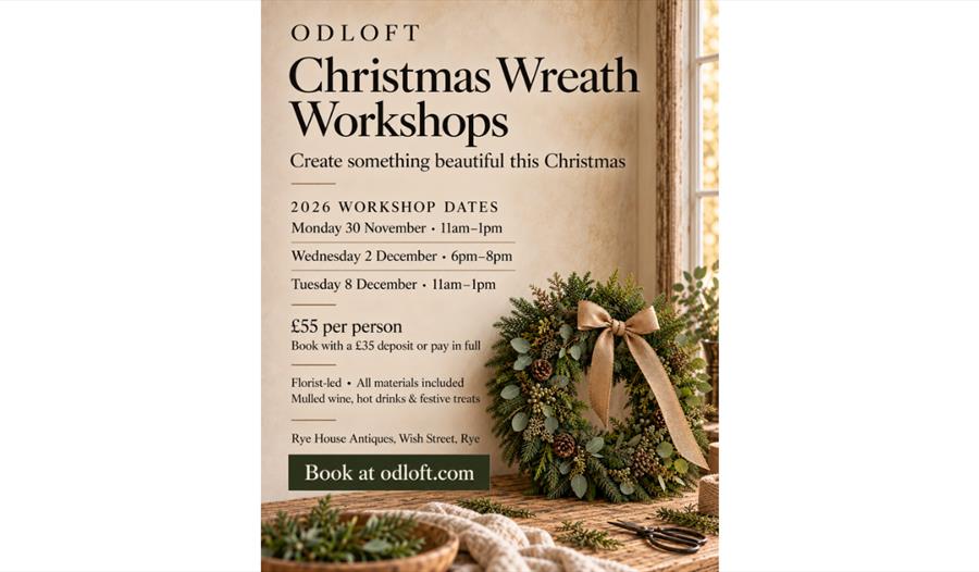 Christmas wreath workshops in Rye, featuring a festive wreath and workshop dates in November and December.