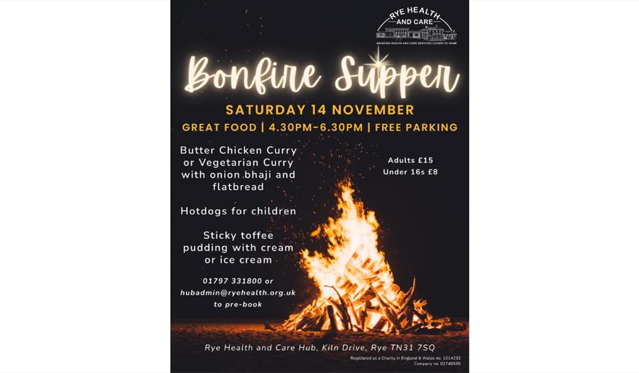 Bonfire Supper poster for Rye Health and Care, featuring a bonfire image, meal details and event information.