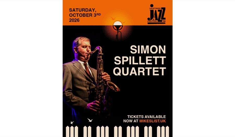 Poster for the Simon Spillett Quartet performing at Hastings Jazz Festival on Saturday 3 October 2026.