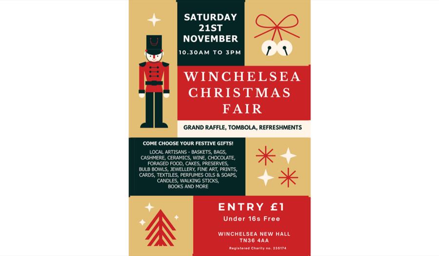Winchelsea Christmas Fair poster with festive illustrations, gift stalls, raffle and refreshments on 21 November.