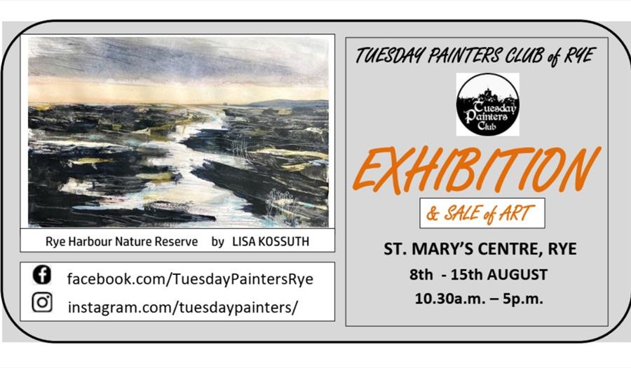 Poster for Tuesday Painters Club of Rye exhibition, showing landscape artwork, dates, venue and social media links.