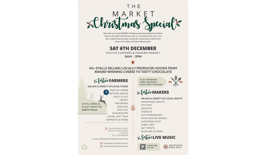 A festive promotional poster for “The Market Christmas Special” at Ashburnham Place. The background is light beige with green and red decorative accen