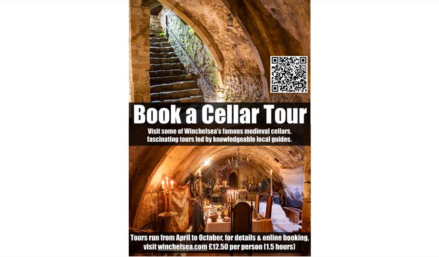 Poster promoting guided tours of Winchelsea’s medieval cellars, featuring stone stairways and a candlelit cellar interior.