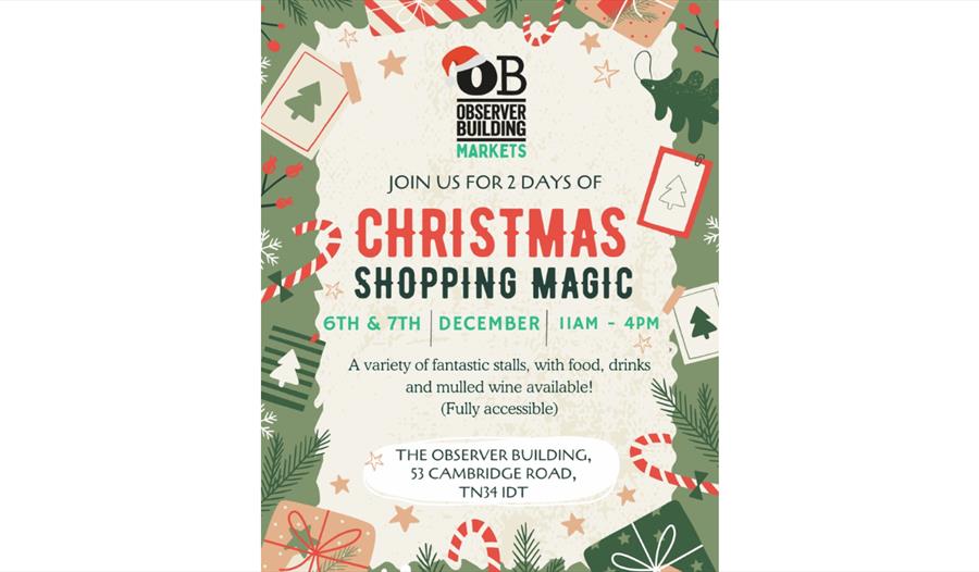 Poster for Christmas Shopping Magic at The Observer Building, Dec 6–7, 11am–4pm.