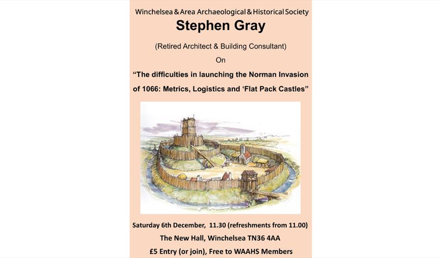 Poster for a talk by Stephen Gray on Norman invasion logistics, with an illustration of a wooden motte-and-bailey castle.