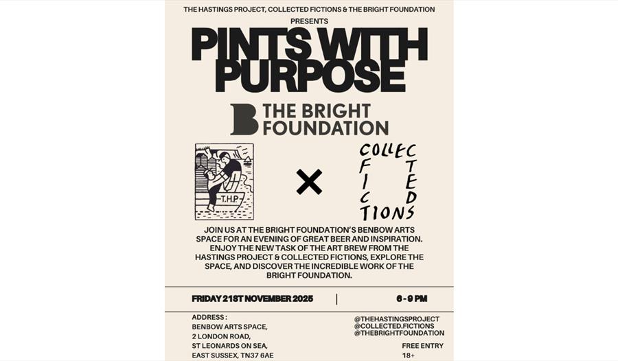 Cream background, dark text event flyer. Main headline: “Pints With Purpose.” Subhead: “The Bright Foundation.” Central row features partner marks: TH