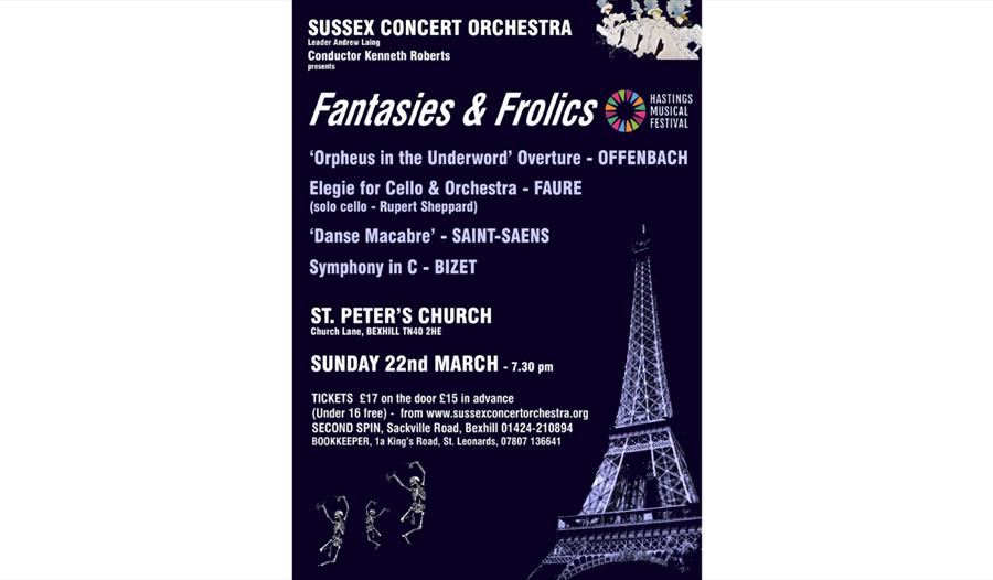 Poster for the Sussex Concert Orchestra’s ‘Fantasies & Frolics’ event featuring concert details and an illustrated Eiffel Tower.