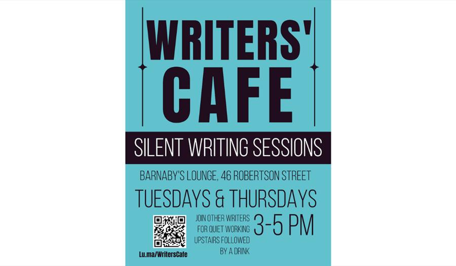 Poster for Writers’ Café silent writing sessions with dates, times and venue details on a teal background.