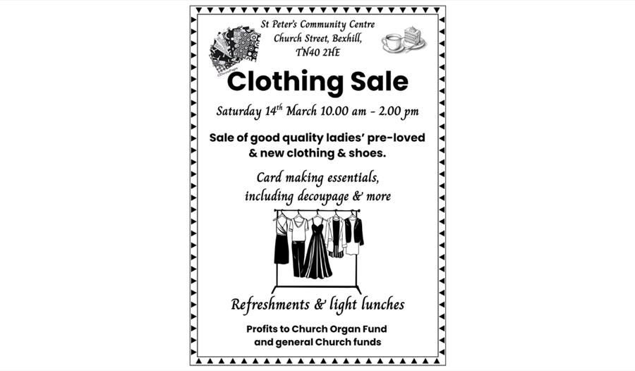 Black‑and‑white poster advertising a clothing sale with details on date, venue, items for sale and refreshments