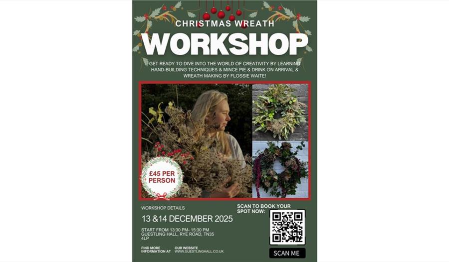 Poster for a Christmas wreath workshop with photos of wreaths, event details, price and a QR code.