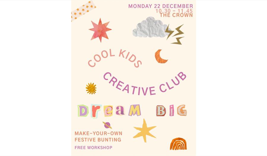 Accessible event flyer featuring playful cut out graphics on cream. Main curved text in the centre reads “Cool Kids Creative Club.” Event info at the
