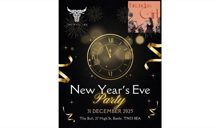Image shows the post for the New Year's Eve party at The Bull in Battle. It is a black leaflet with images of golden ribbons and a clock counting down