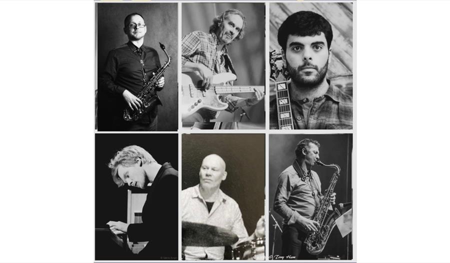 Black-and-white collage of six musicians playing saxophone, bass, guitar, piano, and drums.