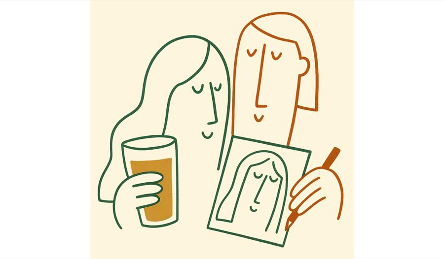 Image shows a line drawing of 2 people, one is holding a pencil and a drawn portrait of the other person. The other person with long hair is holding a