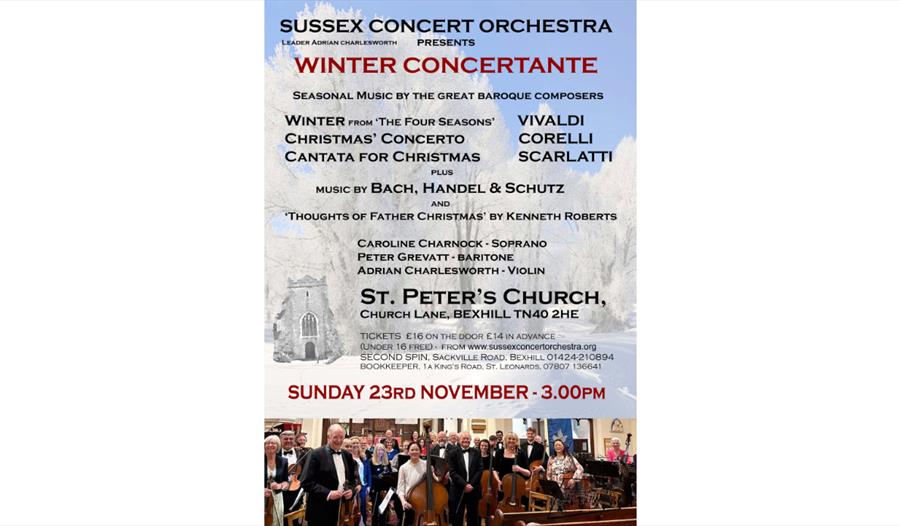 Iamge shows a poster for the winter Concertante that is held at St Peter's church. The image shows the group in action. The writing says: Sussex Conce