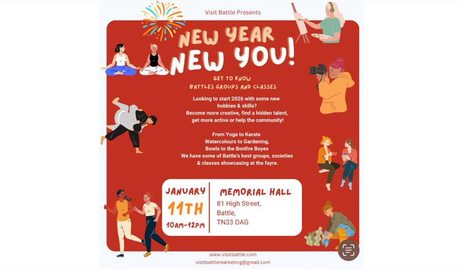 Poster for “New Year New You” fayre in Battle on 11 January, featuring illustrations of people doing hobbies and event details.