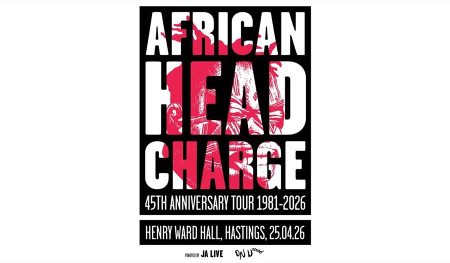 Poster for African Head Charge 45th Anniversary Tour, showing dates 1981–2026 and event at Henry Ward Hall, Hastings.