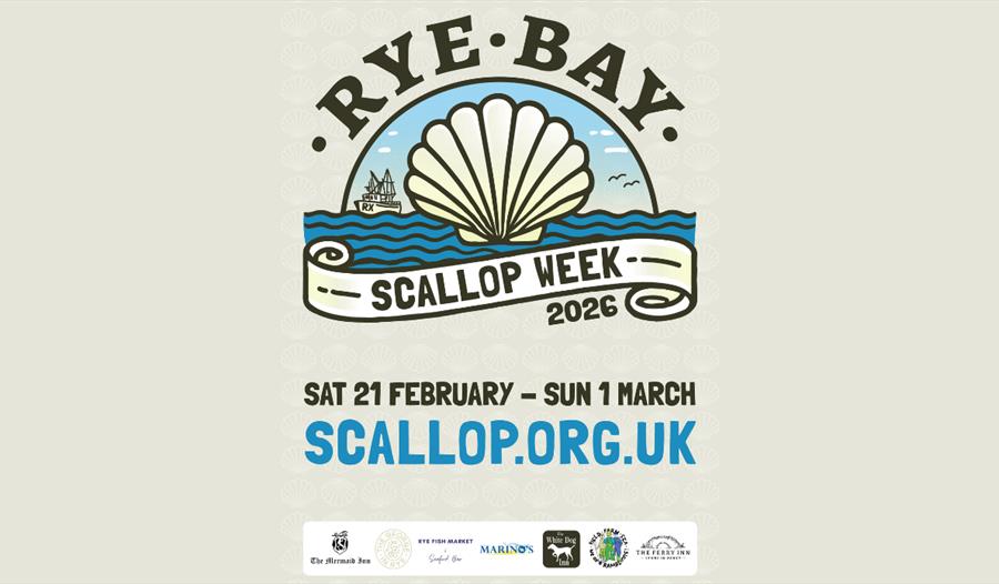 Poster for Rye Bay Scallop Week 2026 featuring a scallop shell illustration, event dates and website details.
