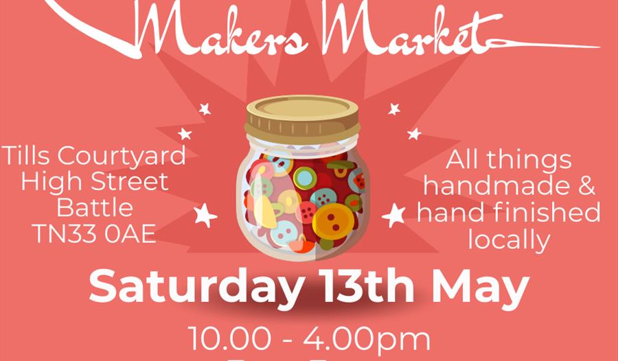 peach coloured poster for Battle Makers Market. Centre of poster shows illustration of a kilner jar full of buttons.