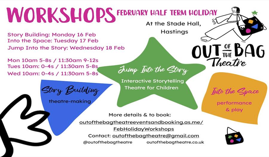 Colourful poster advertising children’s theatre workshops during February half term by Out of the Bag Theatre