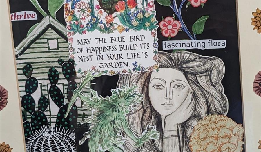 a painting of a lady saying 'may the blue bird of happiness build its nest in your life's garden'